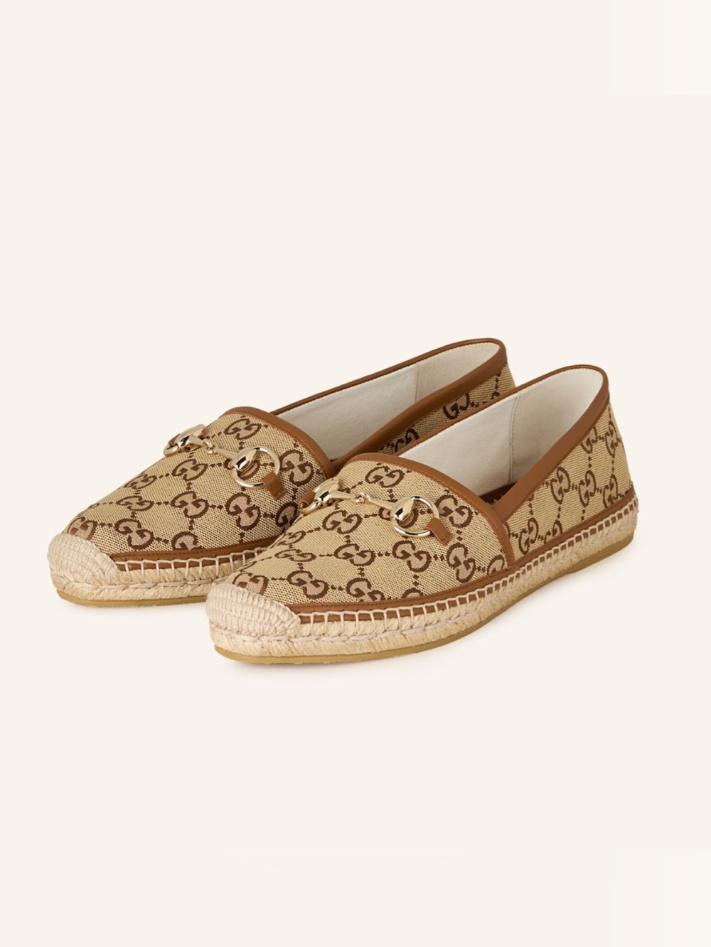 New in Box Gucci Women’s Espadrilles Horsebit GG Logo Tan Brown Canvas Size 38